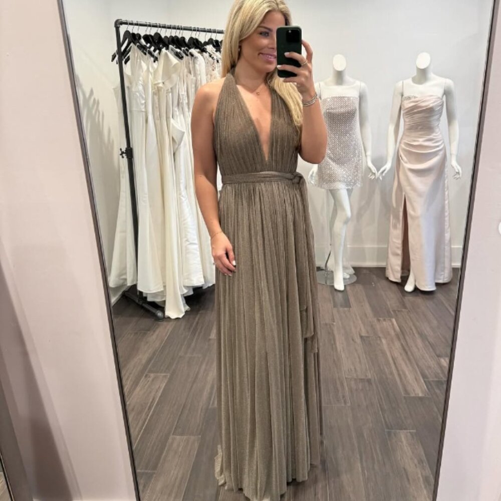 Watters Madilyn Shimmer Mesh Gown in Chai s. Small